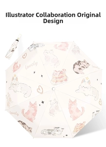 Detailed view of beige sun umbrella with cute cat illustrations in open and folded state