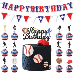 Detailed view of baseball birthday party set with banner, cake topper and cupcake toppers