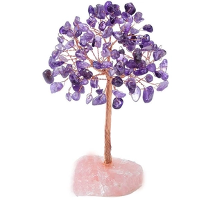 Handmade amethyst crystal money tree with copper wire on rose quartz base