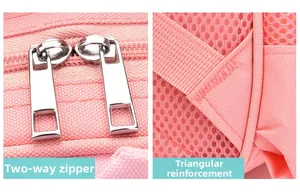 Detail of pink schoolbag showing durable dual metal zippers and reinforced triangle stitching
