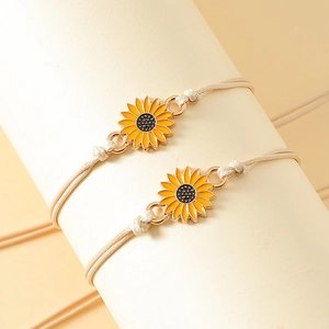 Handmade woven sunflower charm bracelets in a two-piece set for women and girls