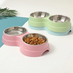 Dual stainless steel pet bowls with non-slip base in pink, blue, and green options