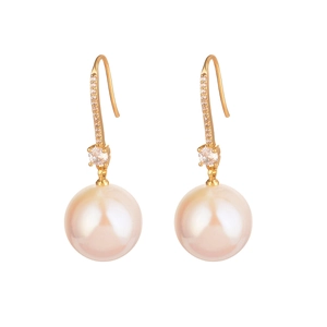 French vintage earrings with gold hooks, small diamonds, and large pink pearls for women