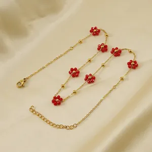 Stainless Steel Flower Necklace And Bracelet Jewelry 18K Gold Plated Colorful Beaded Floral Sweet Delicate Women