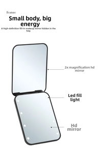 Detail view of the portable folding LED makeup mirror with 2X magnification and 8 LED lights
