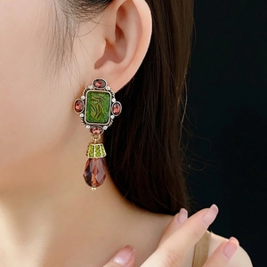 Vintage baroque earrings with green square gemstone and brown crystal teardrop