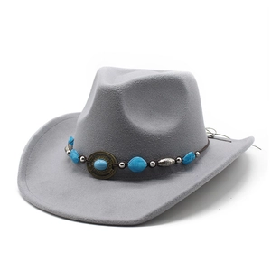 Light gray wool felt cowboy hat with ethnic style turquoise beaded decorative band