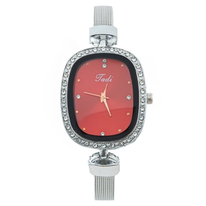 Women's fashion watch with red oval dial, crystal bezel, and silver Milanese mesh strap