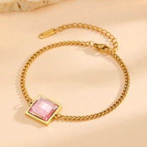 Elegant 18K gold plated stainless steel bracelet with a square pink faceted gemstone