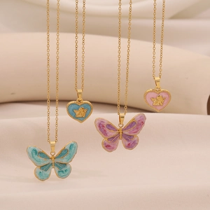 Vintage Stainless Steel Necklace With Enamel Butterfly Angel Heart Pendant Fashion Clavicle Chain Jewelry For Women
