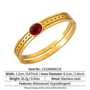 Detail of 18k gold plated stainless steel bangle with red zircon and sizing dimensions