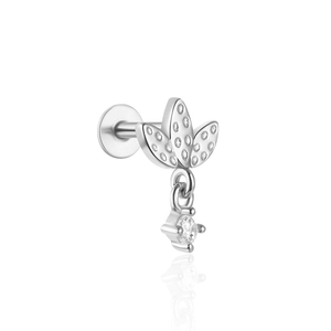 Detail of s925 silver leaf ear stud with clear round hanging gemstone on white background
