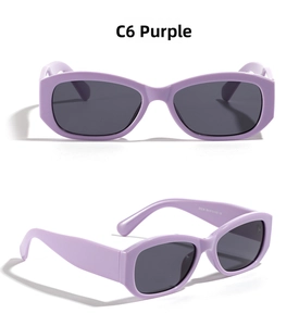 Macro shot of purple rectangle sunglasses showing temple specs 20238 68 and CE certification