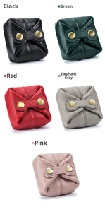 Matrix view of five pebbled leather coin purses in black green red grey and pink
