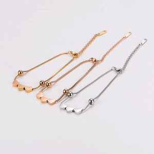 Three-color stainless steel heart charm bracelets with adjustable lobster clasp chains
