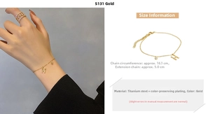 Detail of titanium steel gold bracelet featuring H pendant and adjustable extension chain