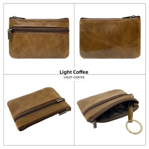 Detailed views of light coffee genuine leather coin purse with triple zipper compartments