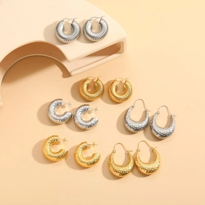 Vintage Hammered Titanium Steel Hoop Earrings For Women Minimalist Textured C-Shape U-Shape Gold Silver Plated Fashion Jewelry