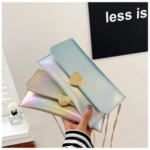 Three gradient laser leather wallets with heart hardware and elegant chain straps