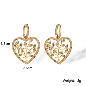 Detailed view of heart-shaped tree leaf earrings with colorful crystals and 3.6cm size