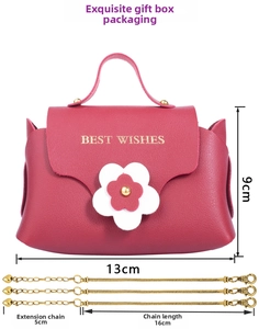 Red faux leather gift bag with flower detail and gold heart pendant bracelets set