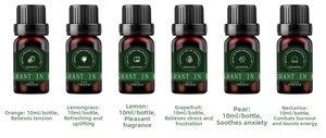 Detailed set of 6 10ml essential oils for diffusers in brown glass amber bottles