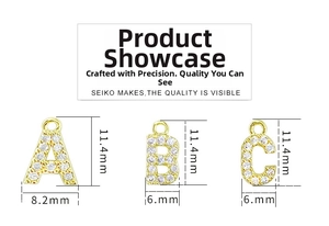 Detailed size specifications for gold square alphabet pendants with cubic zirconia