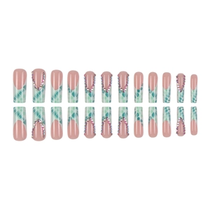 Blue snake print coffin press-on nails with AB crystals and French tips 24pcs set