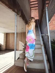 Summer floral print maxi dress with U-neck, backless design, and elegant slim fit A-line cut