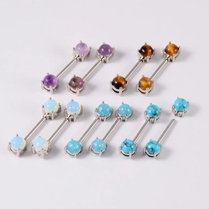 Stainless steel nipple barbells with various opal and tiger eye stone gemstone balls