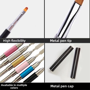 Dual-use nail art brush with flexible orange fiber bristles and metallic handle caps
