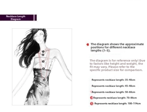 Size guide showing necklace length options from 35cm to 114cm on human model for comparison