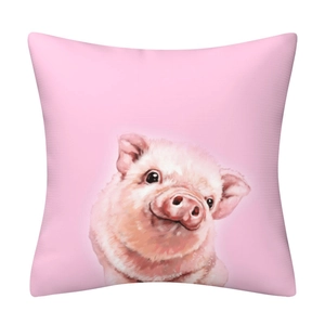 Close-up of pink square pillowcase featuring a cute hand-drawn cartoon pig illustration