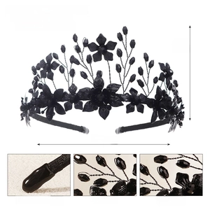 Detailed dimensions and material specs of the black crystal floral party headband