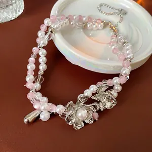 Double Layer Beaded Choker Necklace With Alloy Silver Flower And Imitation Artificial Pearl Teardrop Pendant For Women Elegant French Style