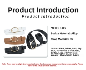 Detailed spec sheet of women's PU leopard belt with round alloy buckle and size info