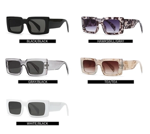 Detailed grid of rectangle wide-frame sunglasses in black, tortoiseshell, and white styles