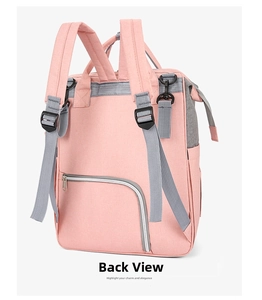 Detail view of the pink and grey waterproof backpack with back anti-theft zipper pocket