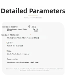Detailed specifications of plastic frame with plexiglass showing sizes and wood colors