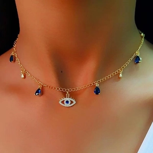 Collana Con Pendente Malocchio Placcato Oro Lega Cristallo Blu Ciondoli A Goccia Acqua Strass Moda Boho Gioielli Da Donna