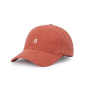 Vintage brick red corduroy baseball cap with white embroidered R letter and ribbed texture