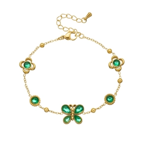 Elegant gold plated stainless steel butterfly bracelet with green stones and adjustable chain