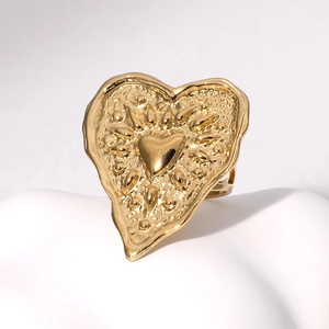Gold plated stainless steel heart ring with hammered texture and double layer design
