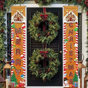 Merry Christmas banner set for front door featuring gingerbread house and candy cane motifs