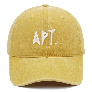 Detail of APT embroidery on washed ginger cotton baseball cap with vintage finish