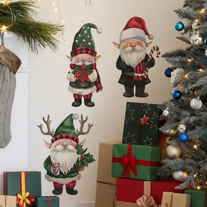 Christmas wall stickers featuring festive gnomes with Santa hats and holiday decor