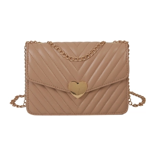 Borsa a tracolla trapuntata kaki con fibbia a cuore dorata e tracolla a catena da donna