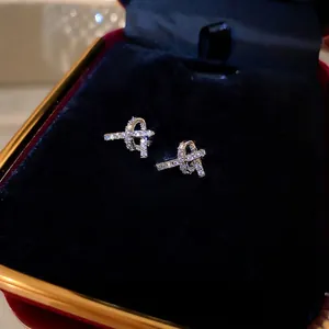 Geometric Knot Stud Earrings Copper With Zircon And Silver Earring Post Elegant Micro Pave Dainty Jewelry For Women
