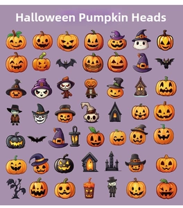 Collection of 49 Halloween cartoon stickers featuring pumpkins, ghosts and witch hats