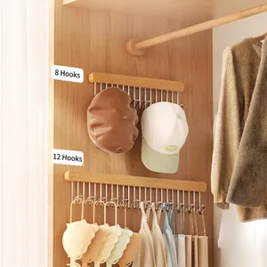 Wall-mounted wooden closet organizer with 8 and 12 metal hooks for camisoles and ties